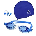 ArrowMax 100% Silicone Anti Fog Swimming Goggles,Cap,Earplug & Noseplug Set- Ideal for All Age Group | Silicone Non Slip | Easy to Carry and Skin Friendly- by Arrowmax (Blue)- Amazon