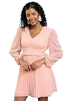 Tokyo Talkies Pink Self Design V-Neck Puff Sleeve Fit Flare Above Knee Dress- Amazon