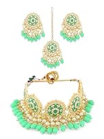 ZAVERI PEARLS Green Meenakari Choker Necklace Earring Maangtikka & Ring Set For Women-ZPFK11606- Amazon