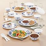 Larah By Borosil Leona Silk Series Opalware Dinner Set with Glasses, 40 Pieces for Family of 6, Microwave & Dishwasher Safe, Bone-Ash Free, Crockery Set for Dining & Gifting, Plates & Bowls, White- Amazon