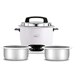 Pigeon by Stovekraft Joy Rice Cooker with Double pot, 1 litres. (White) | Toughened Glass Lid | 400 Watts | 2 Aluminium Cooking Pots | Measuring Cup| Spatula | Energy Efficient Cooking- Amazon