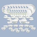 La Opala Diva Classique Collection Opal Glass Crockery | for Family of 8 | Dinner Set 53 pcs Blue Daisy | Plates, Bowls & Cups for Dining | Microwave Safe | 100% Vegetarian | Extra Strong | White- Amazon