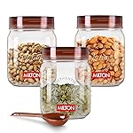 MILTON Vintage Airtight Containers with Spoons for Kitchen Storage, Food Grade Plastic, Stackable & Transparent Organizer Jars, Masala Dabba, Set of 3 (500 ml each) for Tea, Coffee, Sugar, Dry Fruits- Amazon