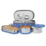 MILTON Corporate Lunch Box Stainless Steel Tiffin (2 Round Container 280 ml Each and 1 Pc Oval Container 500 ml) with Bag, Leak Proof & Airtight Containers with Spoons, Blue- Amazon