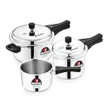 Bergner Sorrento Stainless Steel Outer Lid Pressure Cooker Combo – 5 Liters Cooker, 2 Litres and 3 Litres Cooker with a Common Lid, Heavy Bottom, Healthy Cooking – Induction and Gas Stove Ready- Amazon
