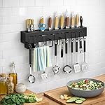 ORBICA Wall Mounted Kitchen Organizer Rack with Magnetic Knife Holder, 8 Adjustable Hooks & Towel Bar, Space Saving Wall Storage for Knives & Utensils, ABS Rust-Resistant Black- Amazon