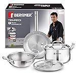 Bergner TriPro 5 Pcs Triply Stainless Steel Cookware Set – 24cm (3L) Kadai with Lid, 20cm (3.4L) Casserole/Biryani Pot with Lid, 22cm (1.5L) Frypan, Less Oil Use, Healthy Cooking – Induction Bottom- Amazon