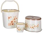 Nayasa Square Ring DLX Plastic Set of 3 (Bucket 18 L+Mug 1.5 L + Stool) Bathroom Utility Combo with Bucket, Bath Mug and Plastic Stool for Home, Bathroom and Daily Use, Cream- Amazon