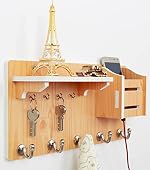 wolpin Wall Shelves Floating Display Rack Storage Organiser Key Holder Wood Look Racks (Pack of 1 with 4 Keys Hooks, 5 Cloth Hooks), Oak Wood Color- Amazon