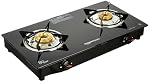 Amazon Basics 2 Burner LPG Gas Stove with Toughened Glass-top | ISI APPROVED | Tri-pin Brass Burners with spill-proof and easy-clean design | Anti-skid legs (Black)- Amazon