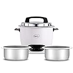 Pigeon by Stovekraft Joy Rice Cooker with Double pot, 1 litres. (White) | Toughened Glass Lid | 400 Watts | 2 Aluminium Cooking Pots | Measuring Cup| Spatula | Energy Efficient Cooking- Amazon