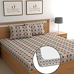 Premium Glace Cotton Elastic Fitted Bedsheets with 2 Full Size Pillow Covers Double Bedsheet with All Elastic Supersoft 160TC Size 90×100 inches (Orange Multi, Fitted)- Amazon
