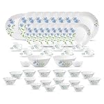 La Opala Diva Classique Collection Opal Glass Crockery | for Family of 8 | Dinner Set 53 pcs Blue Daisy | Plates, Bowls & Cups for Dining | Microwave Safe | 100% Vegetarian | Extra Strong | White- Amazon