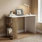Strata Compact Computer Desk with Built-in 2-Tier Bookshelf, Space-Saving Modern Study Table & Workstation for Home Office, 90x50x80cm (White & Walnut)- Amazon
