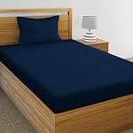 IVAZA 220 Cotton Feel Glace Cotton 1 Single Bedsheet with 1 Pillow Cover (90X60 Inch) Navy Blue- Amazon