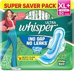 Whisper Ultra Upto No Gap No Leaks* Sanitary Pads, 50 XL+ Pads, For Heavy Flow Protection, With CURVEWEAR Technology, Cotton Like Softness, Disposable Wrapper, Locks Odour & Wetness (*Based on P&G Technical Data) (Product Does Not Contain Cotton)- Amazon