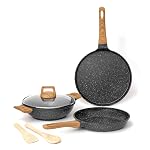 Kreme CeraStone Ultra Granite Nonstick Cookware Set 6 Pieces, Kadai 2.5L, Frying Pan 1.7L, 28cm Flat Tawa, Glass Lid, 2 Cooking Spoons, Made in India, Induction Compatible, PFOA Free, Black- Amazon