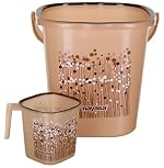 Square Ring Funk Bucket and Mug Set (1pcs Set) | 18 LTR Bucket + 1.5Ltr Mug | Bathroom Set| Strong Sturdy and Durable | Ideal for Daily Use| Bucket and Mug with Stool | Brown- Amazon