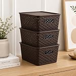 Homestrap Set of 3 Plastic Storage Organizers/Baskets With Lid For Kitchen, Clothes, Multipurpose Vegetables, Toys, Books, office, Stationery, Wardrobe (Small|Brown) Rectangular- Amazon