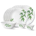 Larah by Borosil Bamboo Leaves Fluted Series Opalware Dinner Set | 13 Pieces for Family of 4 | Microwave & Dishwasher Safe | Bone-Ash Free | Crockery Set for Dining & Gifting | Plates & Bowls | White- Amazon