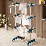 amazon basics Mild Steel Double Supported 3 Layer Cloth Drying Rack | Foldable and Movable | Silver & Teal | Iron, Plastic |- Amazon