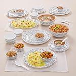 Larah By Borosil Moon Milky Way Dinner Set- 33 Pcs, Opal Glass Dinner Plates & Bowls Crockery Set for Dinning, White- Amazon