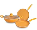 BERGNER Aluminium Jazz Non Stick Cookware Set 4Pc-Kadhai with Glass Lid 24Cm, Dosa Tawa 28Cm, Frypan 24Cm with Induction Compatible, Soft Touch Handles, Pfoa Free, Yellow- Amazon