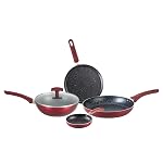Bergner Amarone 5 Pcs Induction Bottom Cookware Set of 24 cm (2.4 L) Kadhai with Glass Lid, 24 cm (1.3 L) Fry Pan,25 cm Tawa, 14 cm Mini Pan, Induction Base and Gas Stove Ready – Maroon- Amazon