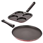 Nirlon Nonstick Cookware Combo Set of 2 Pieces Dishwasher Safe Including Casting Uttapam-4 Cavity & Flat Tawa-24cm (Color-Red)- Amazon