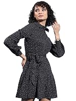 Tokyo Talkies Black & White Polka Dot Printed Cuffed Sleeves Shirt Dress- Amazon