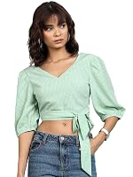Tokyo Talkies Women’s Short Sleeves V-Neck Self Design Tops| Stylish Casual wear- Amazon