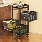 Homeor Multi-Purpose Mesh Rotating Trolley Storage Organizer & Kitchen Accessories Items for Kitchen Storage Rack Design for Fruits & Vegetable, 3 Layer, Black, Square – Metal- Amazon