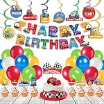 Festiko Cardstock Set Of 51 Pcs Car Theme Happy Birthday Combo (Banner, Swirls With Cutouts, Balloons, Cake & Cupcake Toppers), Car Theme Decorations, Birthday Decoration Items, Multicolor- Amazon