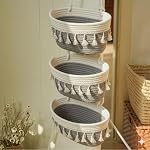 3 Tier Hanging Storage Basket Set – Cotton Rope Wall Hanging Organizer with Tassels | Multi-Purpose Decorative Storage for Kitchen, Bathroom, Bedroom | Space Saving (Grey & White, 3 Pieces- Amazon