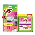 Scotch-Brite Combo Rubber Kitchen Gloves (Small) + Scotch-Brite Sponge Wipe Resusable Kitchen Cleaning Foam Cellulose Wood Sponge- Amazon