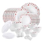 Cello Opalware Dazzle Series Red Rose Fantasy Dinner Set, 57Pcs | Opal Glass Dinner Set for 8 | Light-Weight, Daily Use Crockery Set for Dining | White Plate and Bowl Set- Amazon
