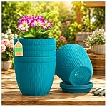 SWAPKART (Pack of 5 6 Inch Plastic Flower Pots for Indoor & Outdoor Terrace,Garden Plants Decorative Planters with Drainage Holes & Matching Saucers Durable & Lightweight (Peacock)- Amazon