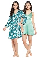 Clovia Women’s Satin Printed Short Night Dress & Robe Set- Amazon