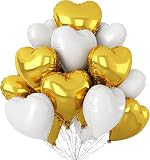 AMFIN (Pack of 5) 18 Inch Heart Foil Balloons – Gold & White- Amazon