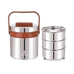 ATTRO Steel On 3 Insulated Tiffin Box 3 Stainless Steel Containers Easy Carry Handle, BPA-Free, Leakproof Office, School & Travel – Brown-900ml- Amazon