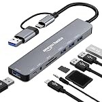 Amazon Basics 8-in-1 USB Hub with Dual Plug (USB-A & USB-C), USB 3.0, 3 x USB 2.0, USB-C 2.1, SD/TF Card Reader & 3.5mm Audio Jack, Up to 5 Gbps Speed, 18 cm Cable (Grey)- Amazon