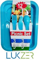 LUKZER 12 Pcs All in One Picnic Travel Plastic Dinner Set (3 Rectangular Plates,3 Forks,3 Spoons,3 Knives), Multi-Color- Amazon
